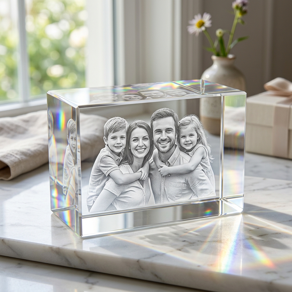 Crystal engraving in natural light — family portrait